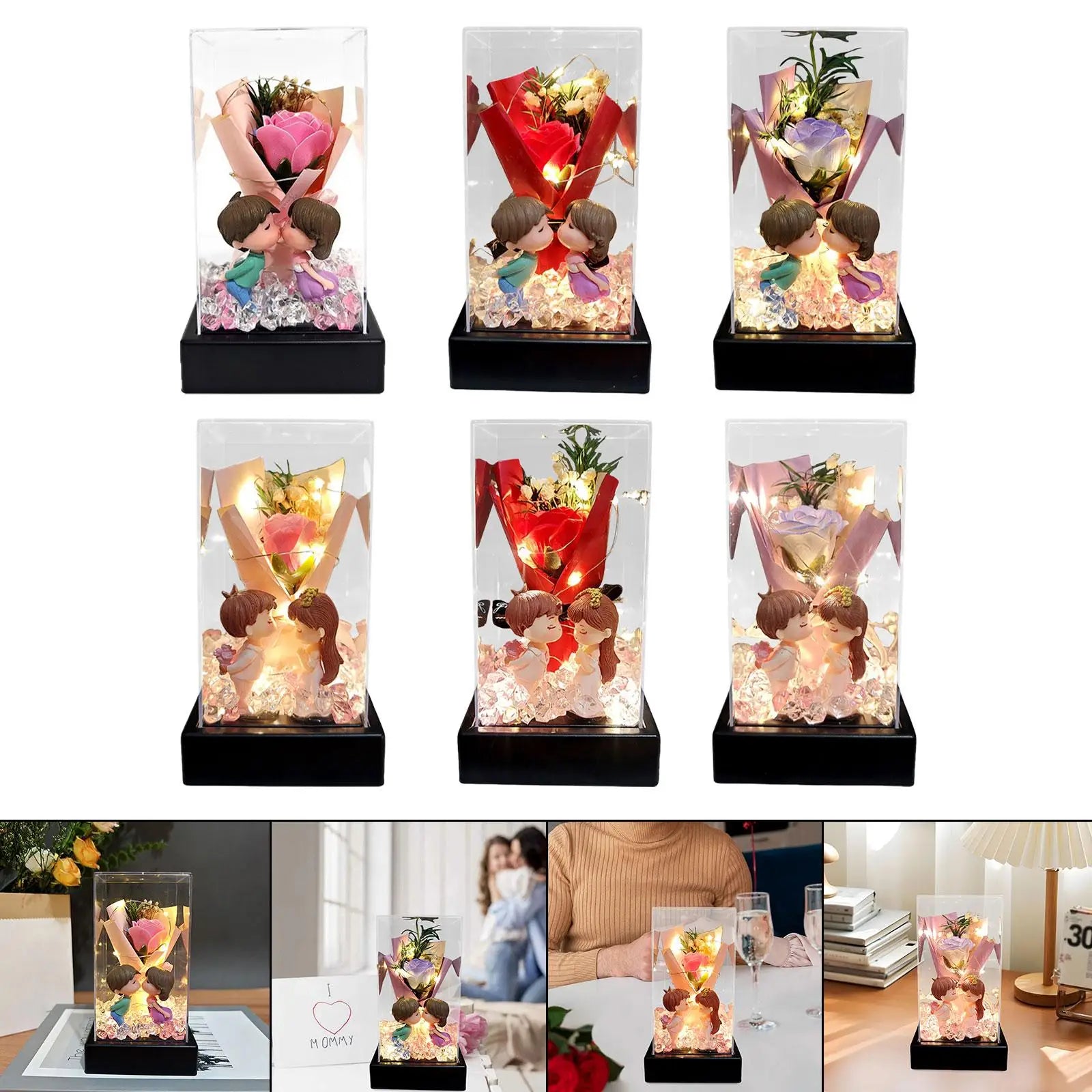 Romantic Artificial Flower Bouquet Acrylic Dome Preserved Rose Gift Box for Wedding Valentine’s Day Anniversary Decoration