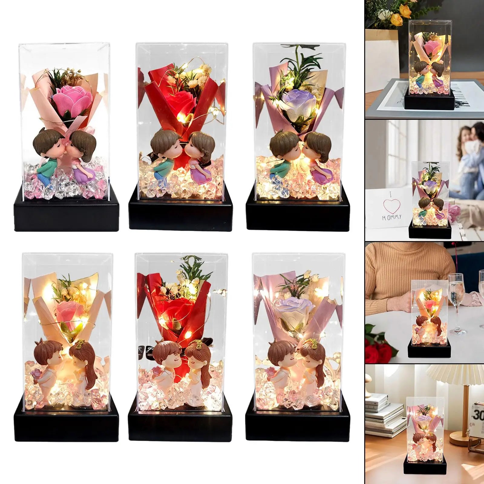 Romantic Artificial Flower Bouquet Acrylic Dome Preserved Rose Gift Box for Wedding Valentine’s Day Anniversary Decoration