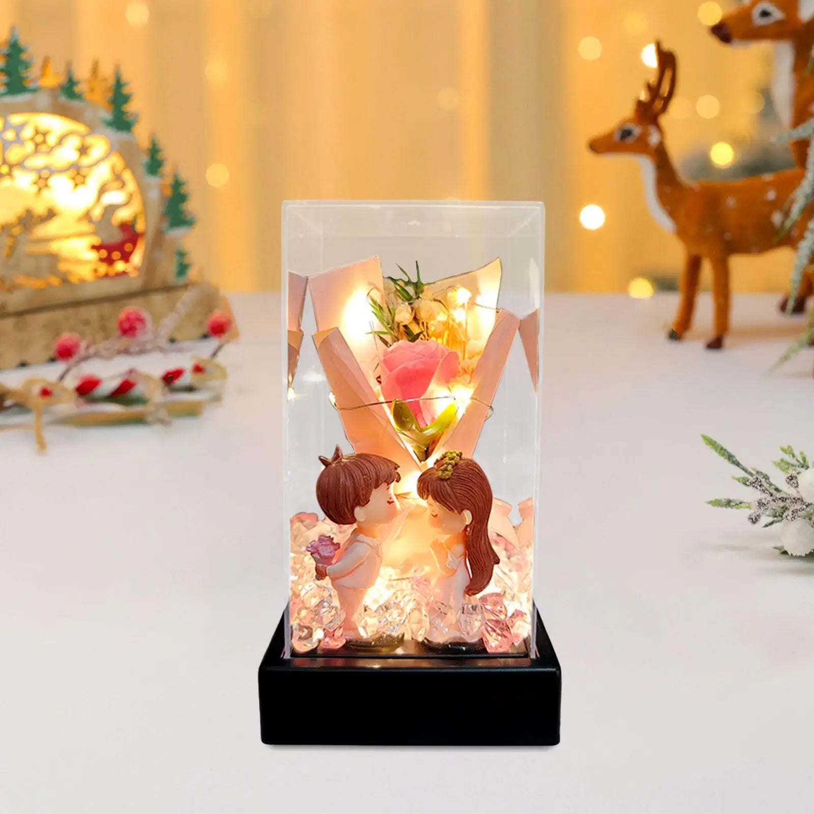 Romantic Artificial Flower Bouquet Acrylic Dome Preserved Rose Gift Box for Wedding Valentine’s Day Anniversary Decoration