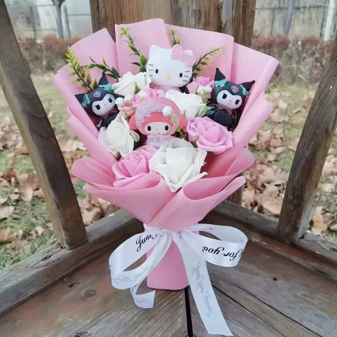 Hello Kitty Cartoon Plush Bouquet  Anime Rose Flowers Doll Home Wedding Decoration Christmas Valentine's Day Gift